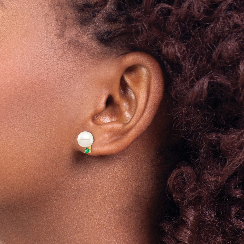 14k 8-8.5mm White Round Freshwater Cultured Pearl and .18EM Emerald Post Earrings