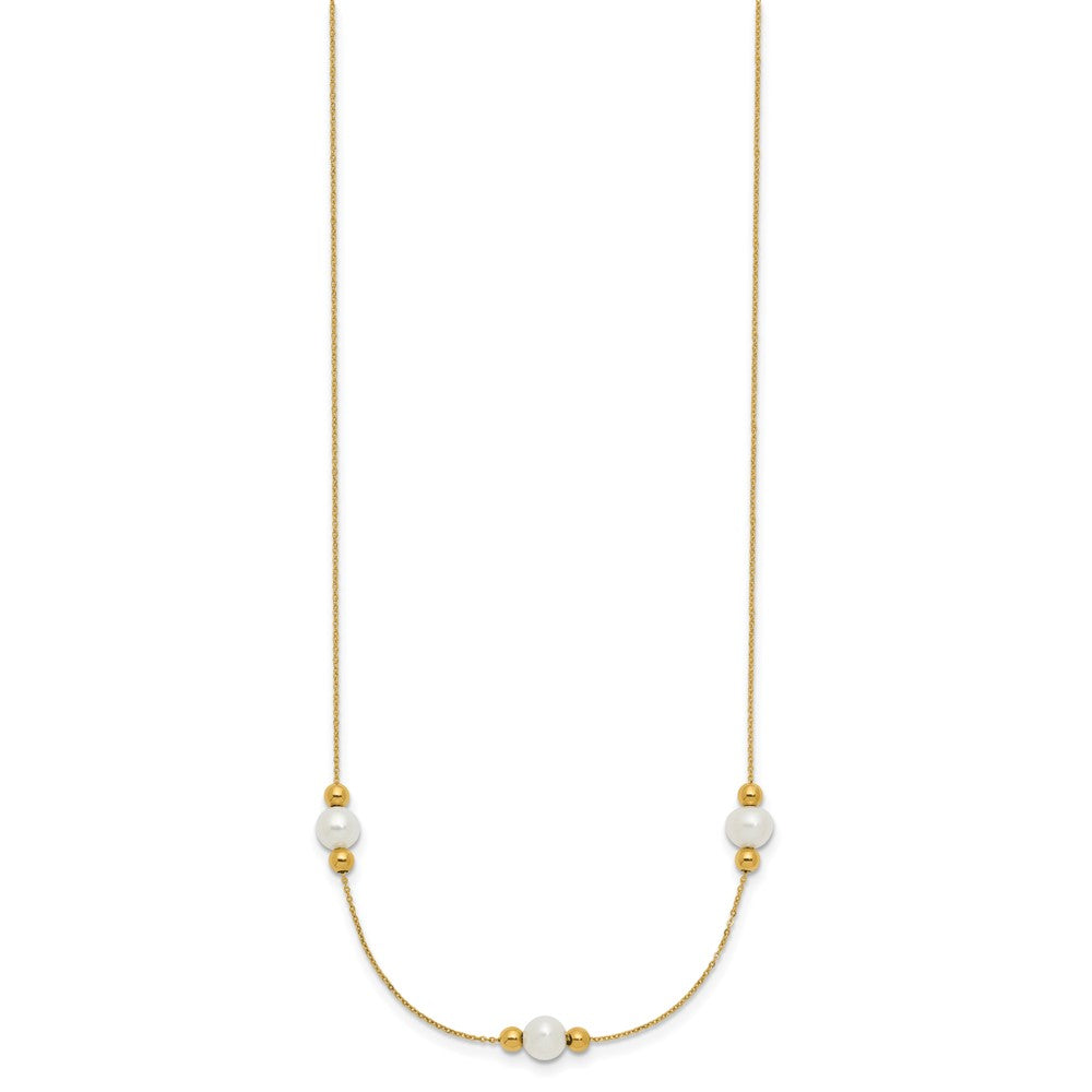14K Polished White Round Freshwater Cultured Pearl and Bead 3-Station 16 inch Necklace Plus 2 inch Extender