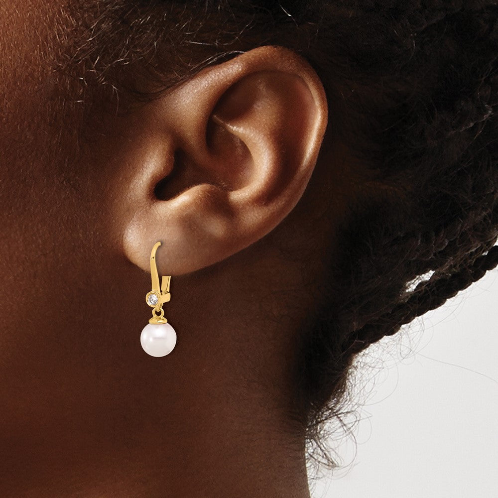 14k 7-8mm White Round Akoya Saltwater Cultured Pearl and .10 Carat Diamond Dangle Earrings