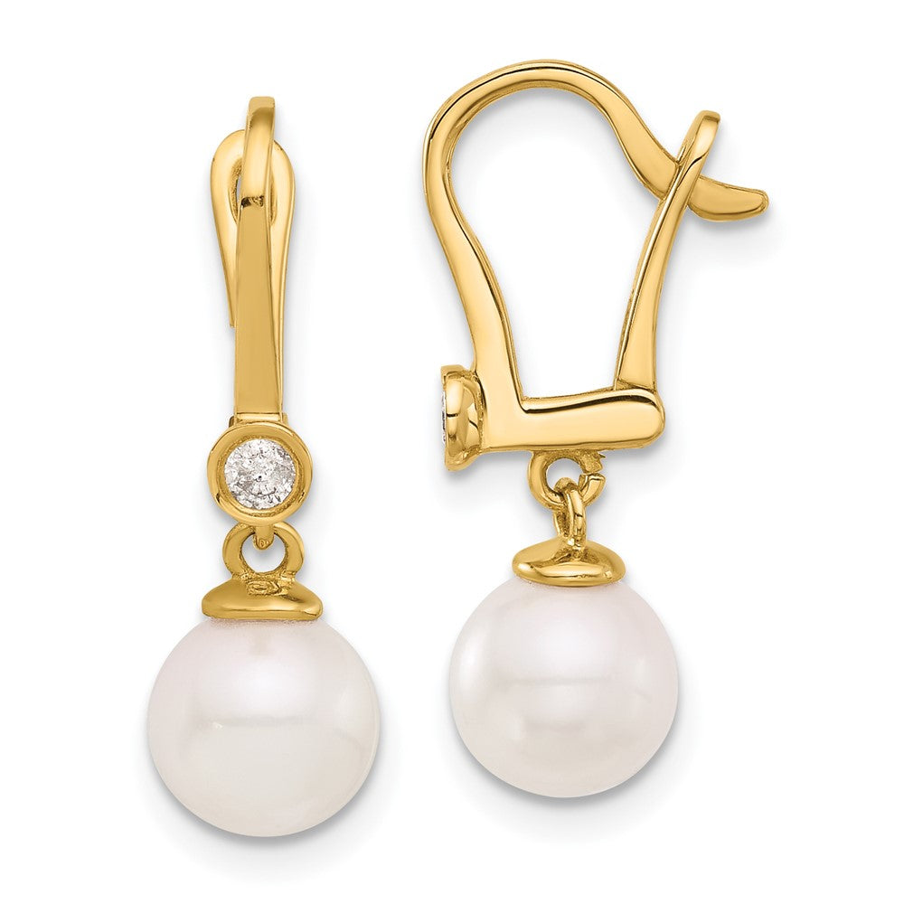 14k 7-8mm White Round Akoya Saltwater Cultured Pearl and .10 Carat Diamond Dangle Earrings