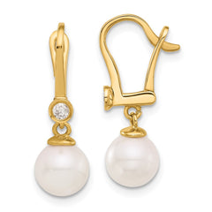 14k 7-8mm White Round Akoya Saltwater Cultured Pearl and .10 Carat Diamond Dangle Earrings