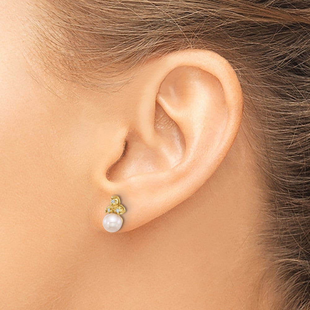 14k 5-6mm White Button Freshwater Cultured Pearl and .06 Carat Diamond Post Earrings