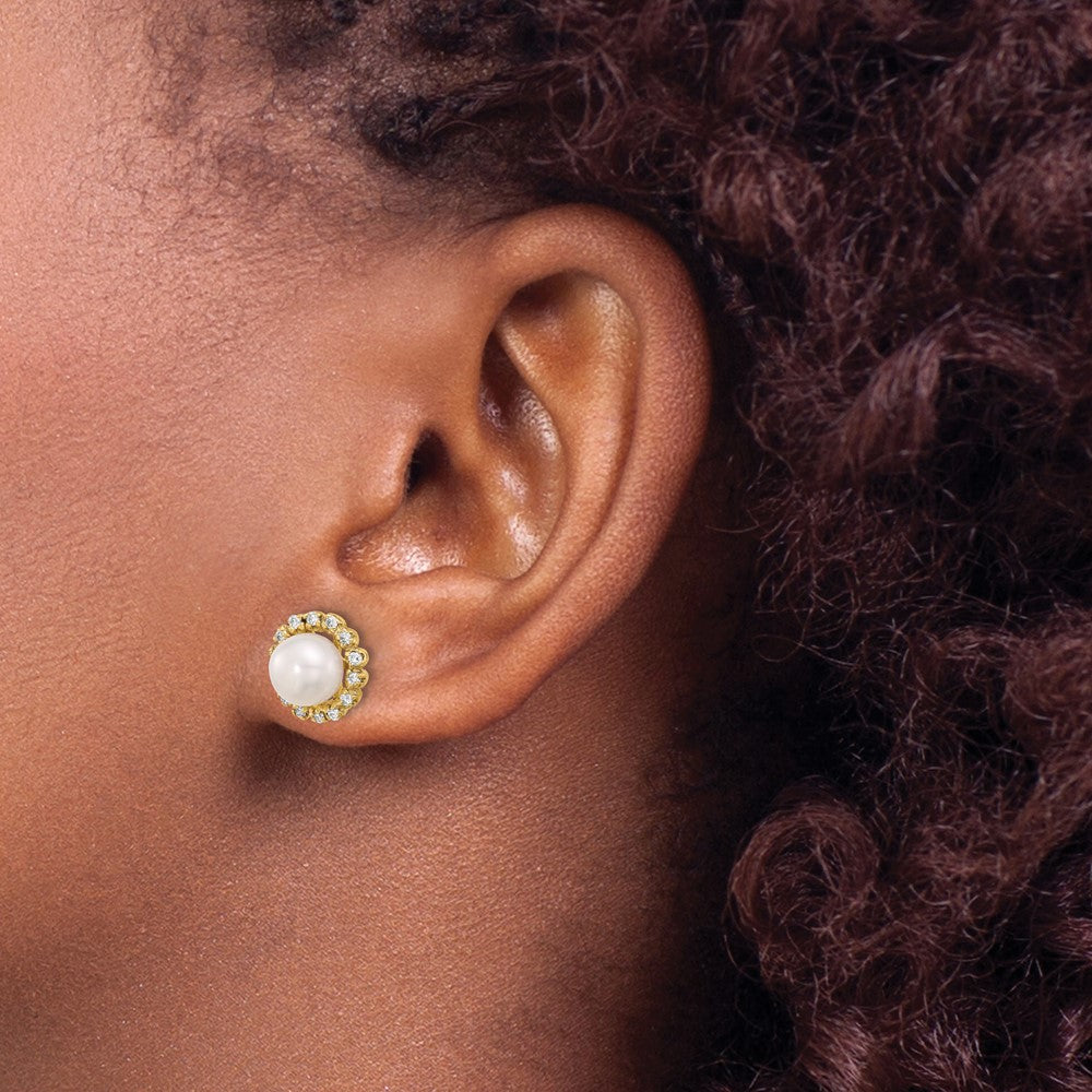 14k 7-8mm White Button Freshwater Cultured Pearl and .28 Carat Diamond Post Earrings