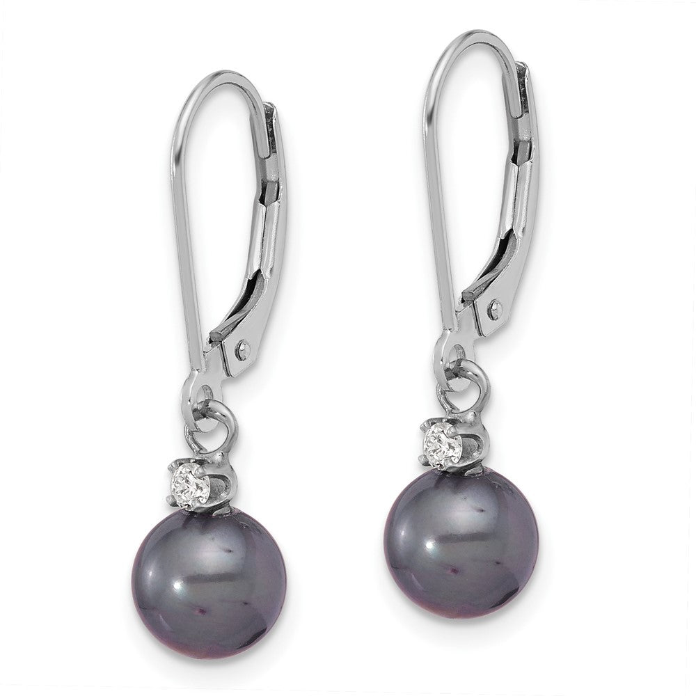 14k White Gold 7-8mm Black Round Freshwater Cultured Pearl and .10 Carat Diamond Dangle Leverback Earrings