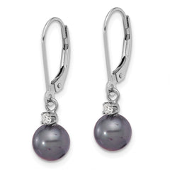 14k White Gold 7-8mm Black Round Freshwater Cultured Pearl and .10 Carat Diamond Dangle Leverback Earrings
