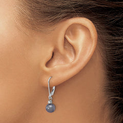 14k White Gold 7-8mm Black Round Freshwater Cultured Pearl and .10 Carat Diamond Dangle Leverback Earrings