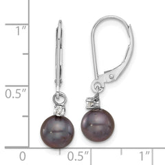 14k White Gold 7-8mm Black Round Freshwater Cultured Pearl and .10 Carat Diamond Dangle Leverback Earrings