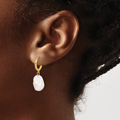 14K 11-12mm White Keshi Freshwater Cultured Pearl Dangle Hoop Earrings