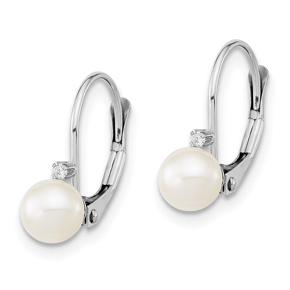 14k White Gold 5-6mm White Round Freshwater Cultured Pearl and .02 Carat Diamond Leverback Earrings