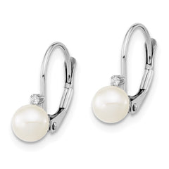 14k White Gold 5-6mm White Round Freshwater Cultured Pearl and .02 Carat Diamond Leverback Earrings