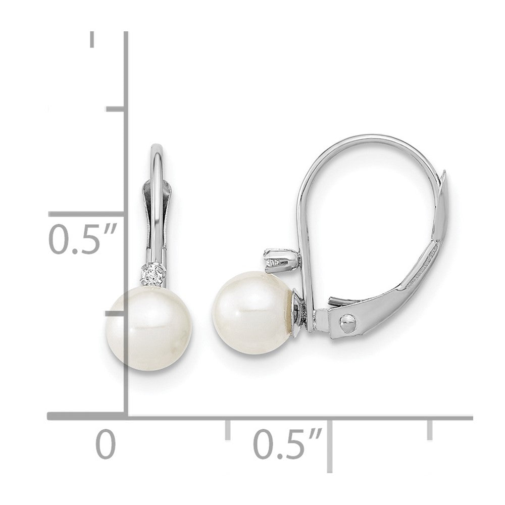 14k White Gold 5-6mm White Round Freshwater Cultured Pearl and .02 Carat Diamond Leverback Earrings