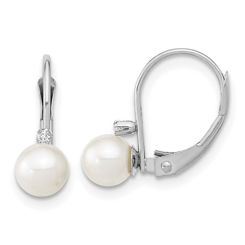 14k White Gold 5-6mm White Round Freshwater Cultured Pearl and .02 Carat Diamond Leverback Earrings