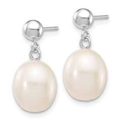 14k White Gold 8-9mm White Rice Freshwater Cultured Pearl Post Dangle Earrings