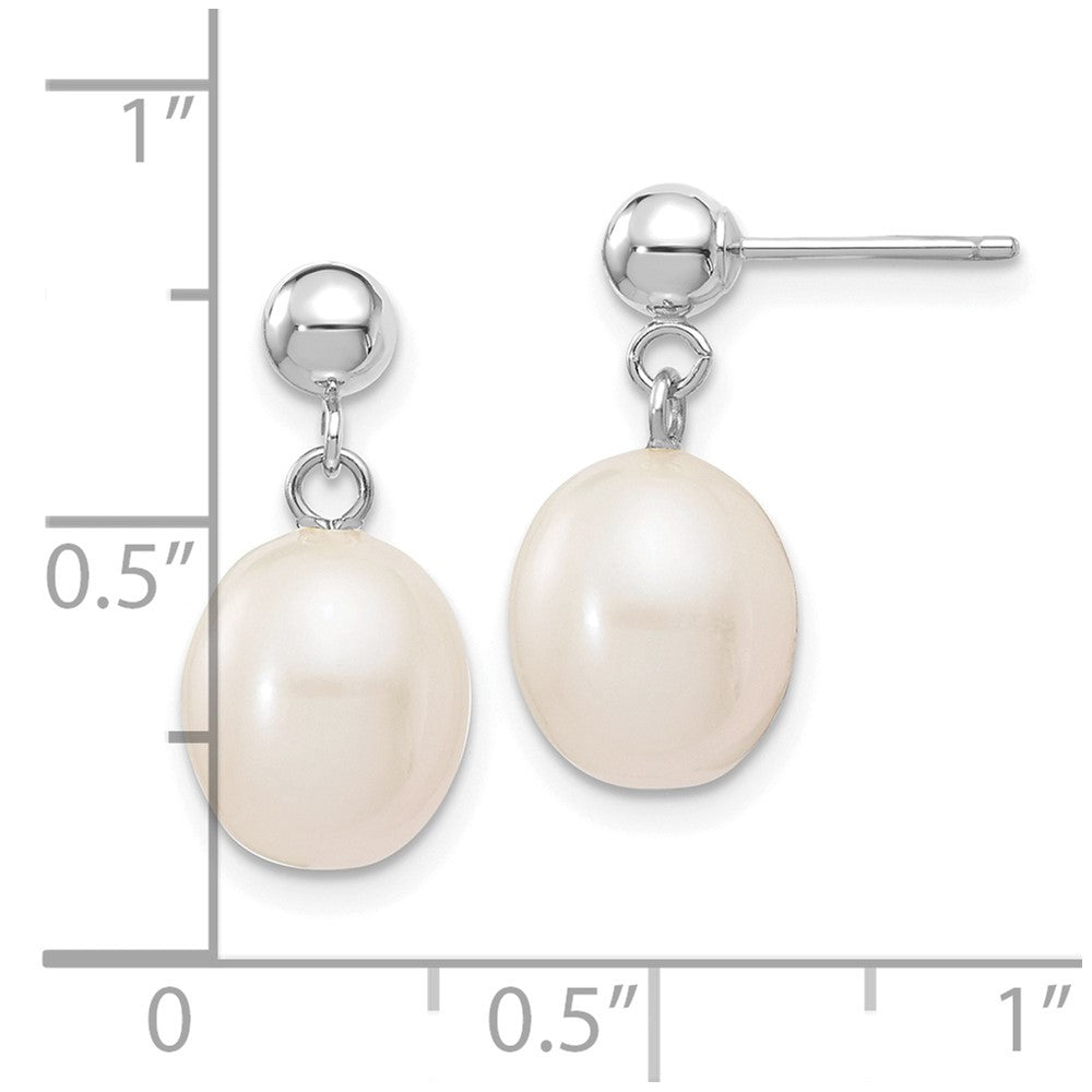 14k White Gold 8-9mm White Rice Freshwater Cultured Pearl Post Dangle Earrings