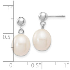 14k White Gold 8-9mm White Rice Freshwater Cultured Pearl Post Dangle Earrings