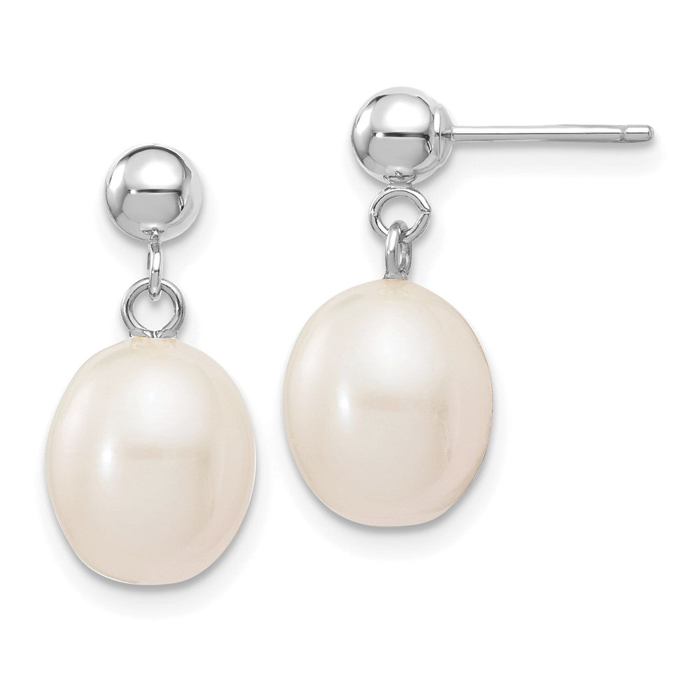 14k White Gold 8-9mm White Rice Freshwater Cultured Pearl Post Dangle Earrings