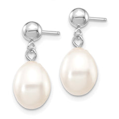 14k White Gold 7-8mm White Rice Freshwater Cultured Pearl Post Dangle Earrings