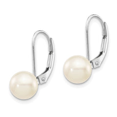 14k White Gold 7-8mm White Round Akoya Saltwater Cultured Pearl Leverback Earrings