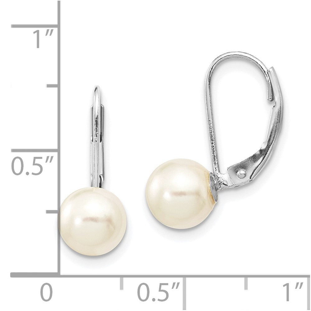 14k White Gold 7-8mm White Round Akoya Saltwater Cultured Pearl Leverback Earrings