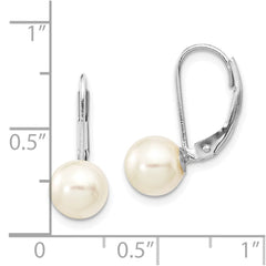 14k White Gold 7-8mm White Round Akoya Saltwater Cultured Pearl Leverback Earrings