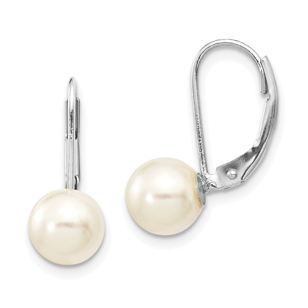 14k White Gold 7-8mm White Round Akoya Saltwater Cultured Pearl Leverback Earrings