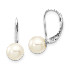14k White Gold 7-8mm White Round Akoya Saltwater Cultured Pearl Leverback Earrings