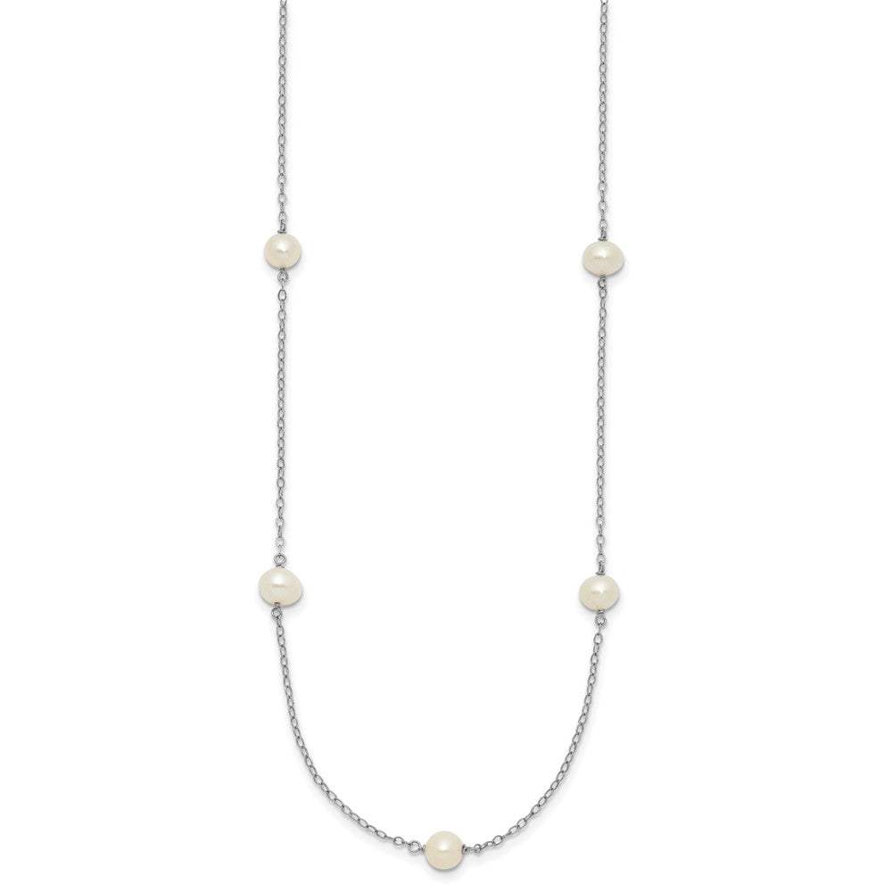 14K White Gold 5-6mm Round White FWC Pearl 7 Station Necklace