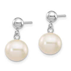 14k White Gold 8-8.5mm White Round Freshwater Cultured Pearl Post Dangle Earrings