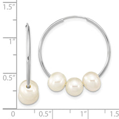 14k White Gold 6-7mm White Semi-Round Freshwater Cultured 3 Pearl Hoop Earrings