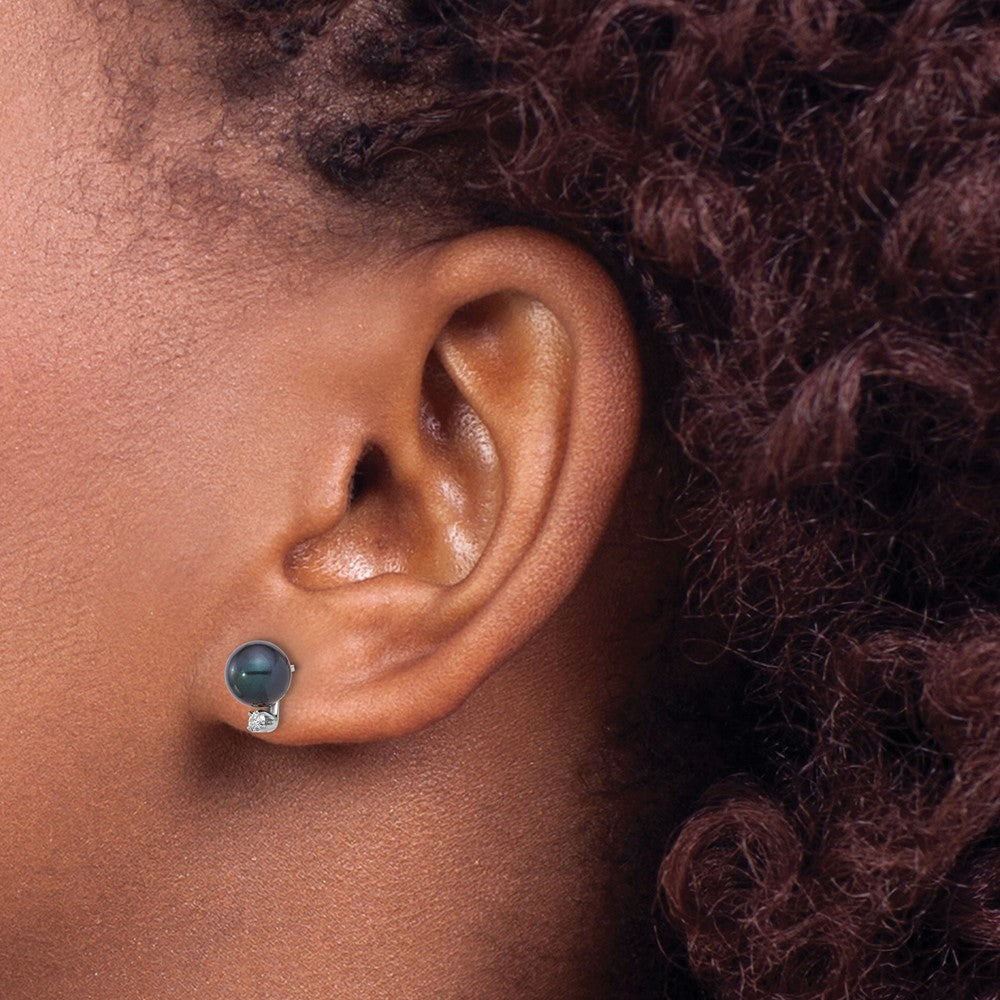 14k White Gold 6-7mm Black Round Akoya Saltwater Cultured Pearl and .06 Carat Diamond Post Earrings
