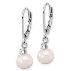 14k White Gold 7-8mm White Round Freshwater Cultured Pearl and .10 Carat Diamond Dangle Leverback Earrings
