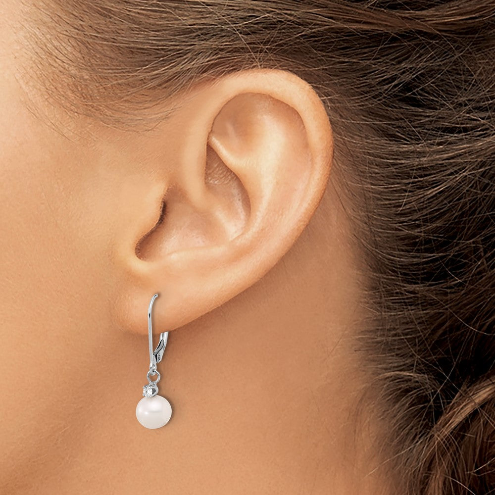 14k White Gold 7-8mm White Round Freshwater Cultured Pearl and .10 Carat Diamond Dangle Leverback Earrings
