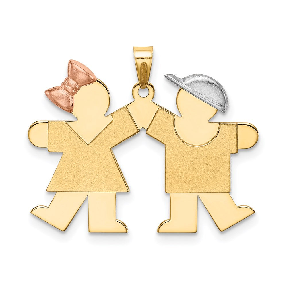 14k Tri-Color Small Girl on Left and Boy on Right Engravable Charm - 2