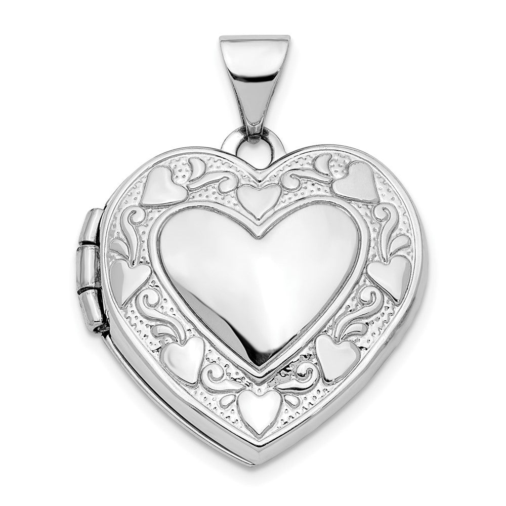 14k White Gold Heart Border Reverses to  Cut-out LOVE with Blue Fabric Interior 19mm Heart Locket