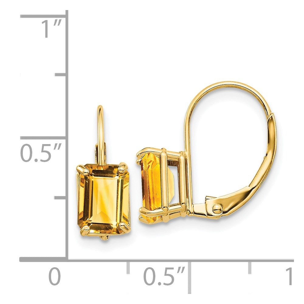 14k 7x5mm Emerald Cut Citrine Leverback Earrings