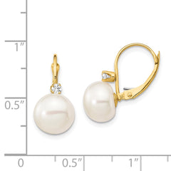 14k 10-11mm White Button Freshwater Cultured Pearl and .10 Carat Diamond Leverback Earrings