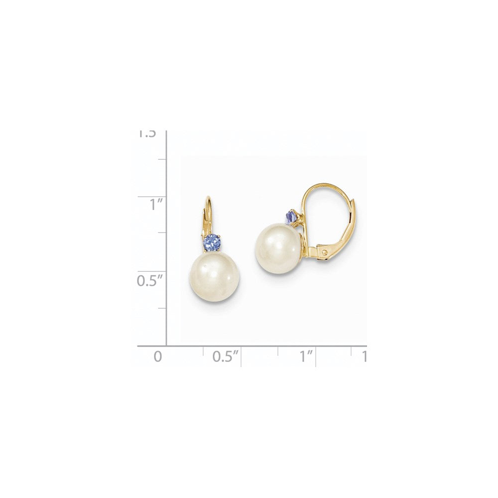 14k 7-7.5mm White Round FW Cultured Pearl Tanzanite Leverback Earrings