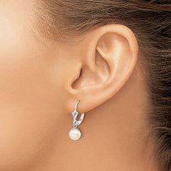 14k White Gold 6-7mm White Round Freshwater Cultured Pearl Dangle Leverback Earrings