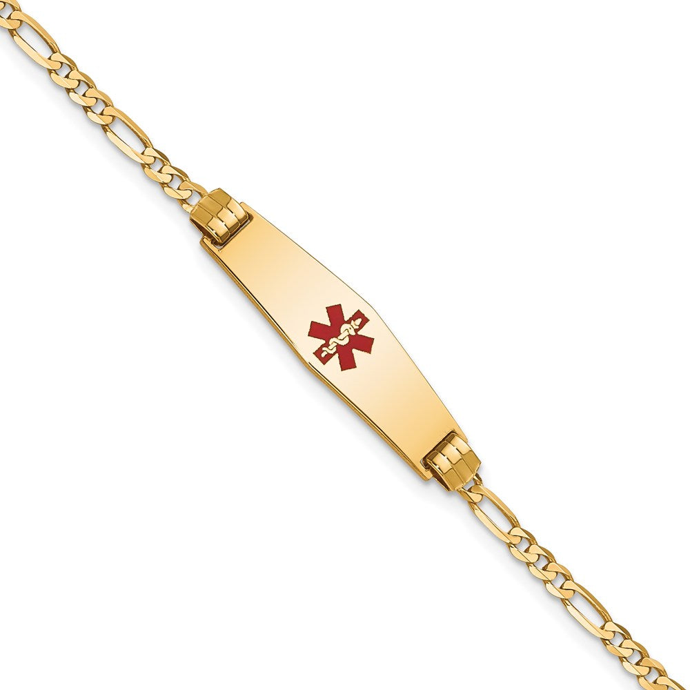 14K Medical Solid Chain/Solid Plate 24x7mm Soft Diamond Shape Centered Red Enamel Figaro Link 7 inch ID Bracelet - 2