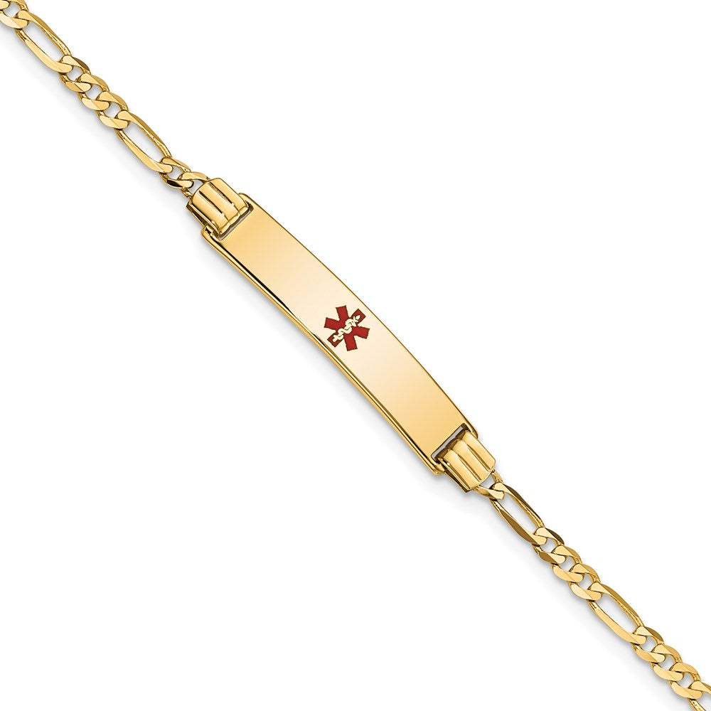 14K Medical Solid Chain/Solid Plate 26x5mm Centered Red Enamel Figaro Link 8 inch ID Bracelet - 2