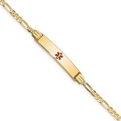 14K Medical Solid Chain/Solid Plate 26x5mm Centered Red Enamel Figaro Link 7 inch ID Bracelet - 2