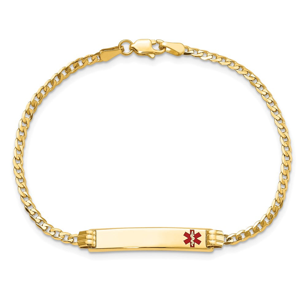 14K Medical Solid Chain/Solid Plate 26x5mm Off-Center Red Enamel Curb Link 8 inch ID Bracelet - 2