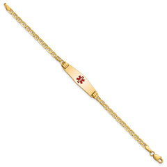14K Medical Solid Chain/Solid Plate 25x7mm Soft Diamond Shape Centered Red Enamel Anchor Link 6 inch Baby/Child ID Bracelet