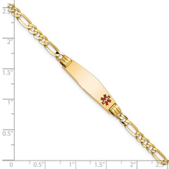 14K Medical Solid Chain/Solid Plate 26x7mm Soft Diamond Shape Off-Center Red Enamel Figaro Link 7 inch ID Bracelet - 2