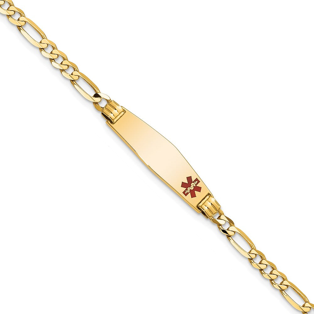 14K Medical Solid Chain/Solid Plate 26x7mm Soft Diamond Shape Off-Center Red Enamel Figaro Link 7 inch ID Bracelet - 2