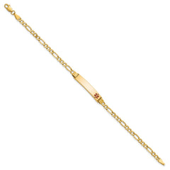14k Medical Semi-Solid Chain/Solid Plate 26x5mm Off-Center Red Enamel Figaro Link 8 inch ID Bracelet