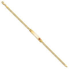 14k Medical Semi-Solid Chain/Solid Plate 26x5mm Off-Center Red Enamel Cuban Link 7 inch ID Bracelet