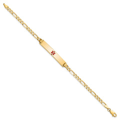 14K Medical Solid Chain/Solid Plate 34x6mm Centered Red Enamel Flat Figaro Link 8 inch ID Bracelet - 2