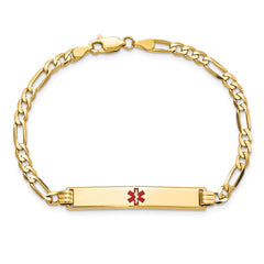 14K Medical Solid Chain/Solid Plate 34x6mm Centered Red Enamel Flat Figaro Link 8 inch ID Bracelet - 2