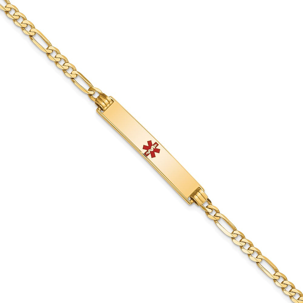 14K Medical Solid Chain/Solid Plate 34x6mm Centered Red Enamel Flat Figaro Link 8 inch ID Bracelet - 2